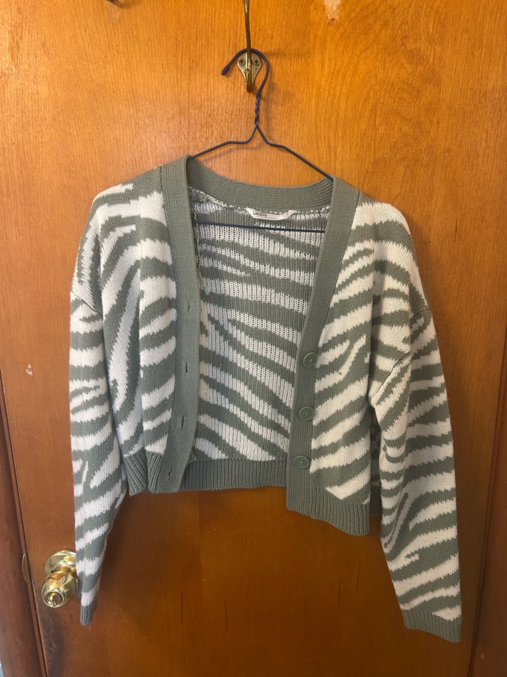 Kids Sage Green and White Zebra Knit Cardigan Sweater - Large 14/16